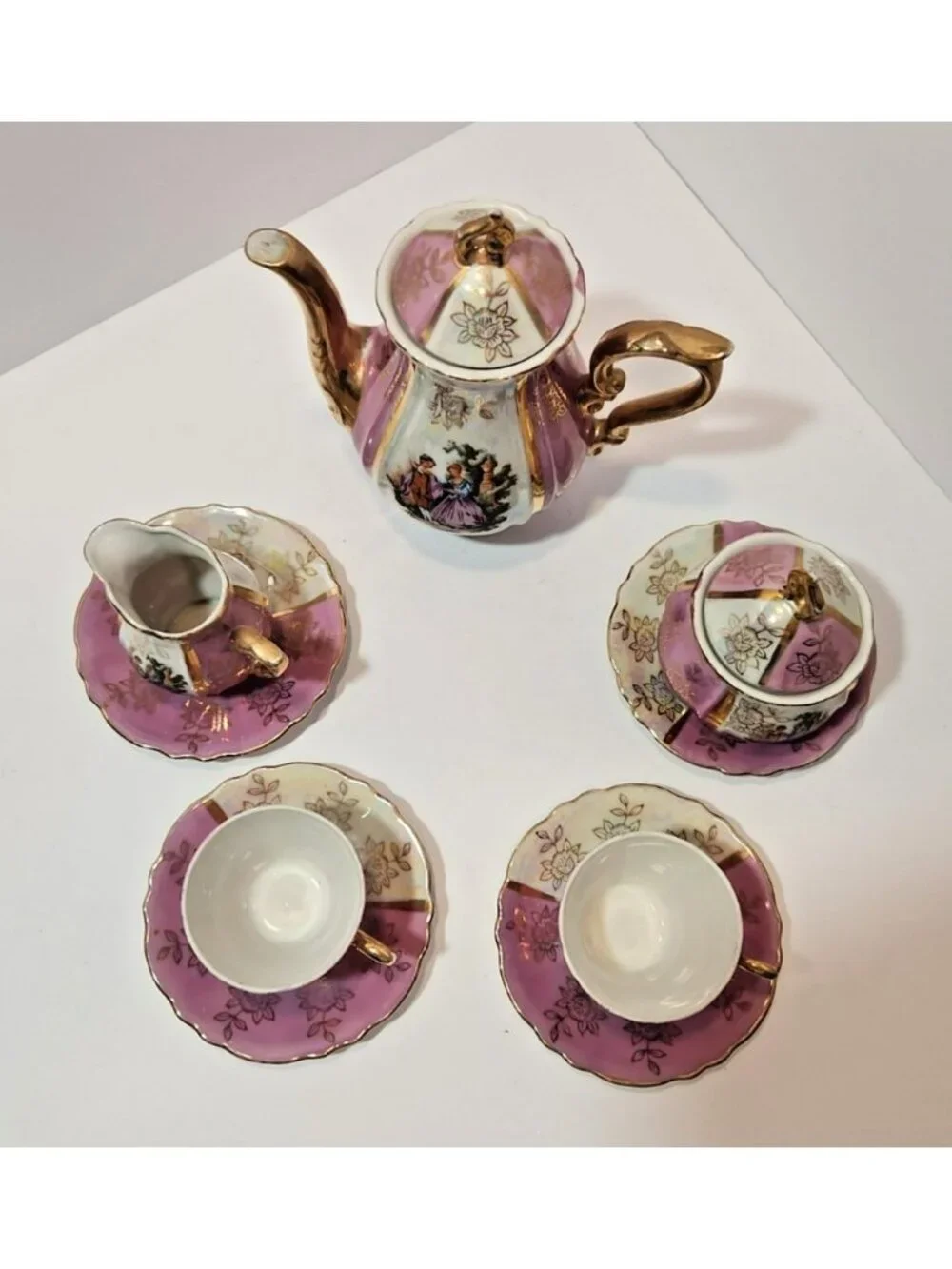 Vtg Lusterware Courting Couple Demitasse Tea Set Teapot Sugar Bowl Creamer 2 Cup
